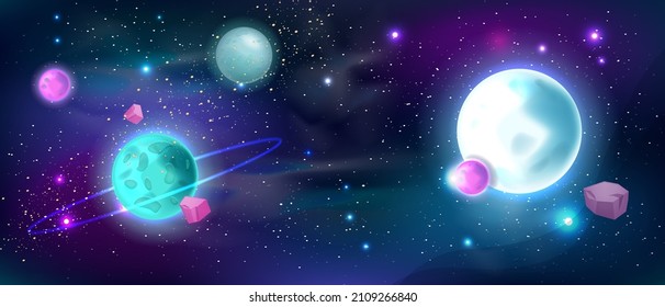 Space Background, Vector Universe Galaxy Sky, Cosmic Night Neon Planet View, Sci-fi Game Illustration. Shining Moon, Saturn, Star, Asteroid, Astrology Futuristic Wallpaper. Space Abstract Background