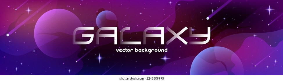 Space background for web banner design. Vector cartoon illustration of night sky with stars, planets, falling comets with trails, meteors and nebula effect in pink and purple colors. Place for text