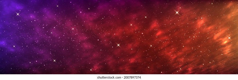 Space background wide. Colorful cosmos banner. Realistic galaxy with bright stars. Nebula with shining constellations. Futuristic cosmic wallpaper. Vector Illustration.