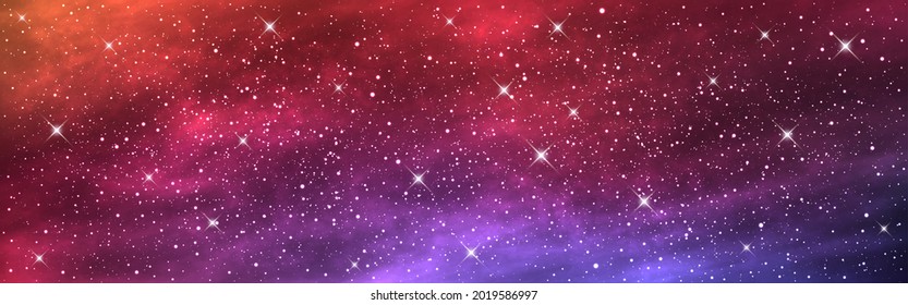 Weltraumhintergrund weit. Lange Banner mit Sternenkosmos. Realistische kosmische Struktur mit Nebel. Farbige Galaxie. Helles Universum mit Sternen. Vektorgrafik.