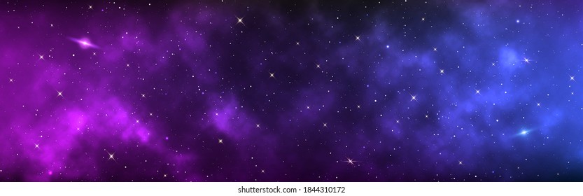 Space Background Wide. Realistic Cosmos With Shining Stars. Long Banner With Starry Milky Way. Magic Stardust Galaxy. Color Universe And Purple Nebula. Vector Illustration.