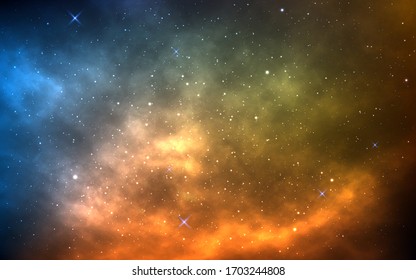 Space background with yellow and blue nebula. Realistic universe. Bright cosmic backdrop with milky way. Color galaxy with shining stars. Magic stardust. Vector illustration.