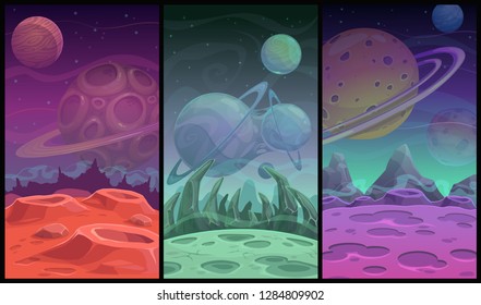 Space backgrounds collection. Fantasy alien planet landscapes set. Vector cosmic vertical illustrations.