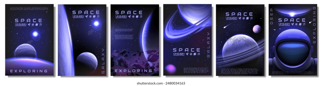 Space backgrounds. Galaxy exploration posters. Universe planets and stars. Astronaut spacesuit. Cartoon Earth in sky with colorful gradients. Cosmic discovery. Vector banners design set