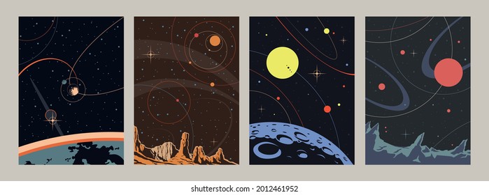 Space Backgrounds, Planets, Stars And Satellites, Retro Style Illustrations 