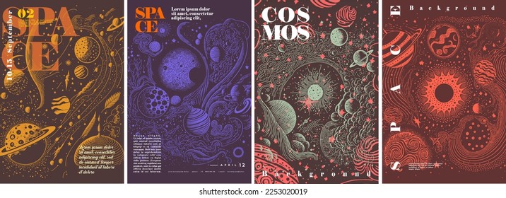 Space. Backgrounds of the universe, cosmic wind, the Milky Way. Typography posters design. Set of flat vector illustrations. Print, label, cover or t-shirt print design.