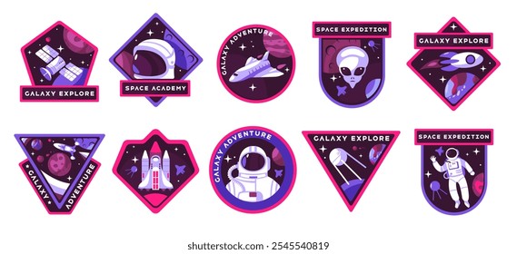 Space badge. Astronaut helmet with rocket and ufo, cartoon symbols of space exploration and travel, badge logo vector set.