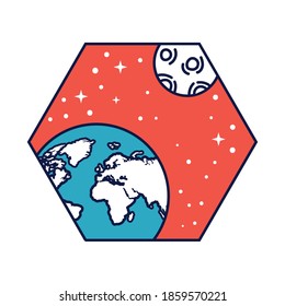 space badge with earth planet and moon line and fill style vector illustration design