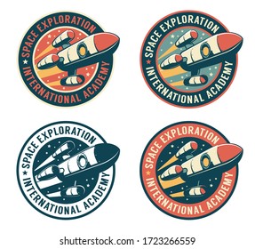 Space badge with flying rocket. Galaxy exploration retro emblem with spaceship. Vector vintage illustration.