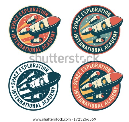Space badge with flying rocket. Galaxy exploration retro emblem with spaceship. Vector vintage illustration.