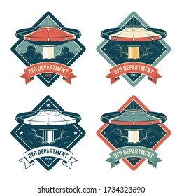 Space badge with flying saucer. UFO retro emblem. Vector vintage illustration.