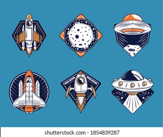 la colección de iconos de la insignia de espacio incluye la luna de la nave espacial en la ilustración vectorial de fondo azul
