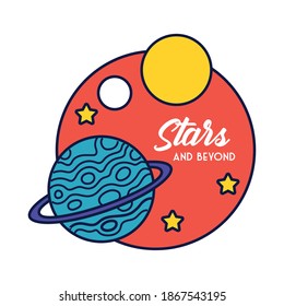 space badge with saturn planet and stars line and fill style vector illustration design