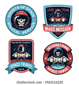 Space badge set with Astronaut. Spaceship pilot and alien vintage logo. Vector illustration.