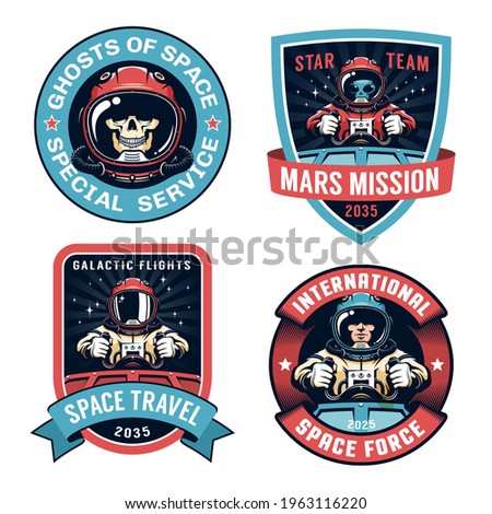 Space badge set with Astronaut. Spaceship pilot and alien vintage logo. Vector illustration.