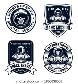 Space badge set with spaceship pilot and alien. Astronaut academy vintage logo with spaceman. Vector illustration.