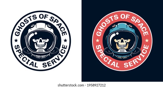 Space badge with skull pilot in helmet. Spaceman vintage emblem with skeleton in spacesuit. Vector illustration.