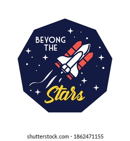 space badge with spaceship flying and beyond the stars line and fill style vector illustration design