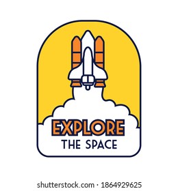 space badge with spaceship flying and explore the space lettering line and fill style vector illustration design