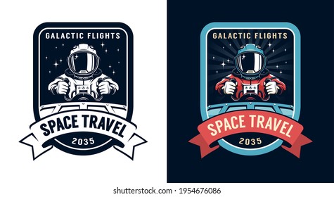 Space Badge With Spaceship Pilot. Astronaut Academy Retro Logo With Spaceman. Vector Vintage Illustration.