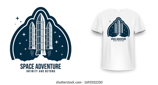 Space badge with spaceship, rocket launch. Vintage astronaut label, patch or embroidery for t-shirt print. T-shirt graphic in space concept. Vector