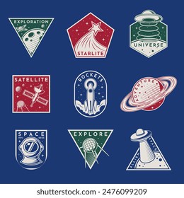 Space badge sticker set. Patch astronaut rocket. Logo kid shirt. Emblem cosmos travel, planet and moon. Design graphic vintage embroidery, galaxy mission, ufo shuttle. Vector garish print collection