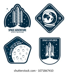 Space badges with astronaut helmet, rocket launch and moon. Set of vintage astronaut label or patch for embroidery in space concept. T-shirt graphic, emblem and logo design. Vector