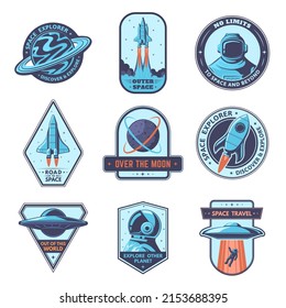 Space Badges. Explore Other Planet Patches, Space Travel Badge And Over The Moon Emblem Vector Set. Launching Rocket For Outer Space Exploration, Cosmos Expedition, Ufo Spaceship Abducting Man