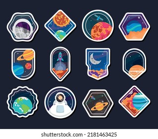 space badges icon set on bue background