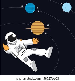 Space banner with astonaut, Neptune, Saturn, Uranus. Vector illustration