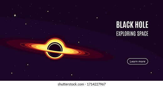 Space banner with black hole. Space research concept banner, exploring outer spase. Flat style vector illustration