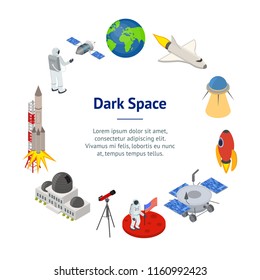 Space Banner Card Circle Isometric View Include of Shuttle and Spaceman for Web. Vector illustration