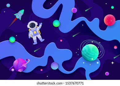 Space banner with cartoon astronaut floating in galaxy with planets and stars. Galaxy exploration art with fluid shapes and glowing neon texture - vector illustration.