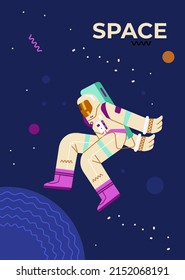 Space banner design with astronaut or cosmonaut funny character in starry sky, flat vector illustration. Science fiction futuristic banner or poster template.