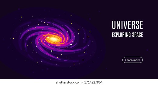 Space banner with a galaxy design and stars. Space research concept banner, exploring outer spase. Flat style vector illustration