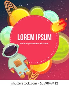 Space banner with planets, astronaut, stars. Vector illustration