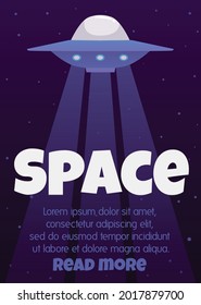 Space banner or poster template with futuristic UFO ship, flat vector illustration. Exploration of galaxy and cosmos, space thematic party or event invitation.