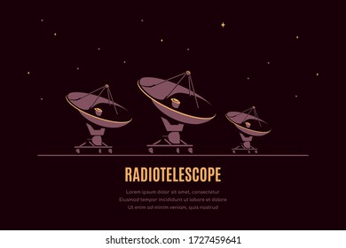 Space banner with radiotelescope. Space research concept banner, exploring outer spase. Flat style vector illustration