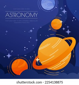 Banner espacial con Saturno, varios otros planetas brillantes o satélites contra el cielo azul oscuro con muchas estrellas. Concepto de exploración astronómica. Diseño de anuncios de planetario. Publicación en medios sociales.