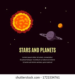 Space banner with star and planets. Space research concept banner, exploring outer spase. Flat style vector illustration