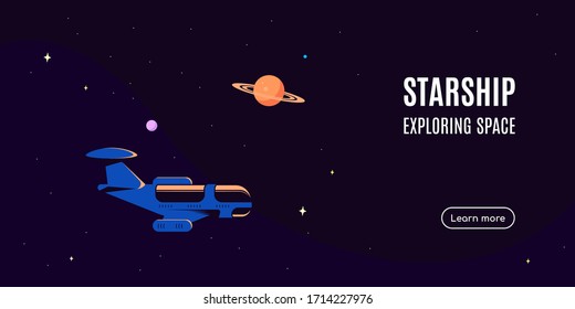 Space banner with starship. Space research concept, exploring outer spase. Flat style vector illustration