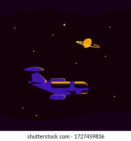 Space banner with starship. Space travel concept banner, exploring outer spase. Flat style vector illustration