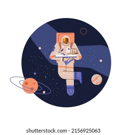 Space banner or sticker template with astronaut reading a book in outer space among planets, flat cartoon vector illustration isolated on white background.