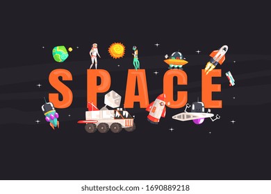 Space Banner Template with Astronaut, Spaceship, Rocket, Ufo in Outer Space Vector illustration