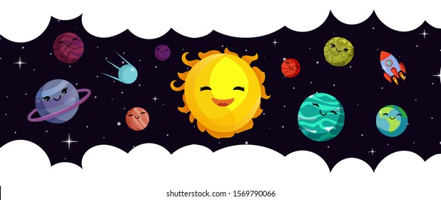 Space banner template. Vector cartoon planets, solar system and rocket. Universe and starry sky