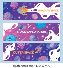Space banners. Flying spaceship or rocket among planets and comets. Color horizontal posters templates with space objects and planet for presentation invitation cards, cover brochure vector set.