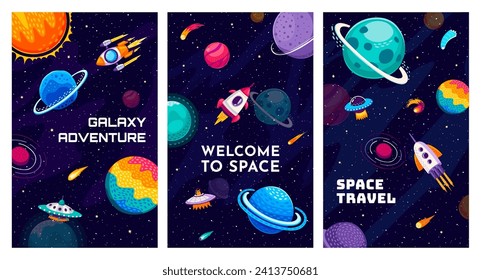 Space banners with galaxy landscape, flying rockets, planets, stars, asteroids and ufo saucer. Vector background with cosmic engines in Universe. Interstellar travel, colonization, cosmos exploring