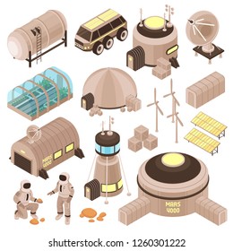 Space base buildings and astronauts on mars isometric set 3d isolated vector illustration