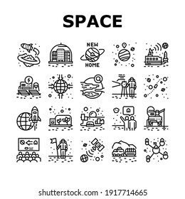 Space Base New Home Collection Icons Set Vector. Space Base Construction And Greenhouse, Planet Colonization And Building City Black Contour Illustrations