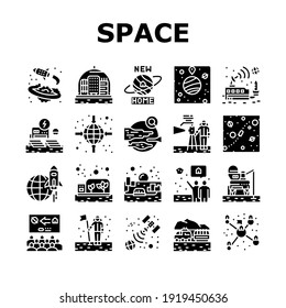 Space Base New Home Collection Icons Set Vector. Space Base Construction And Greenhouse, Planet Colonization And Building City Glyph Pictograms Black Illustrations